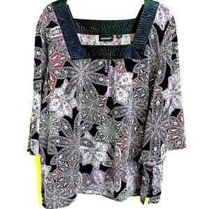 Avenue Women Top Blouse 22/24 Floral Black Purple 3/4 Wide Sleeves Loose Fit New